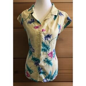 VTG HILO HATTIE HAWAIIAN Blouse L Floral Anthuriums Tropical Coastal Button Down